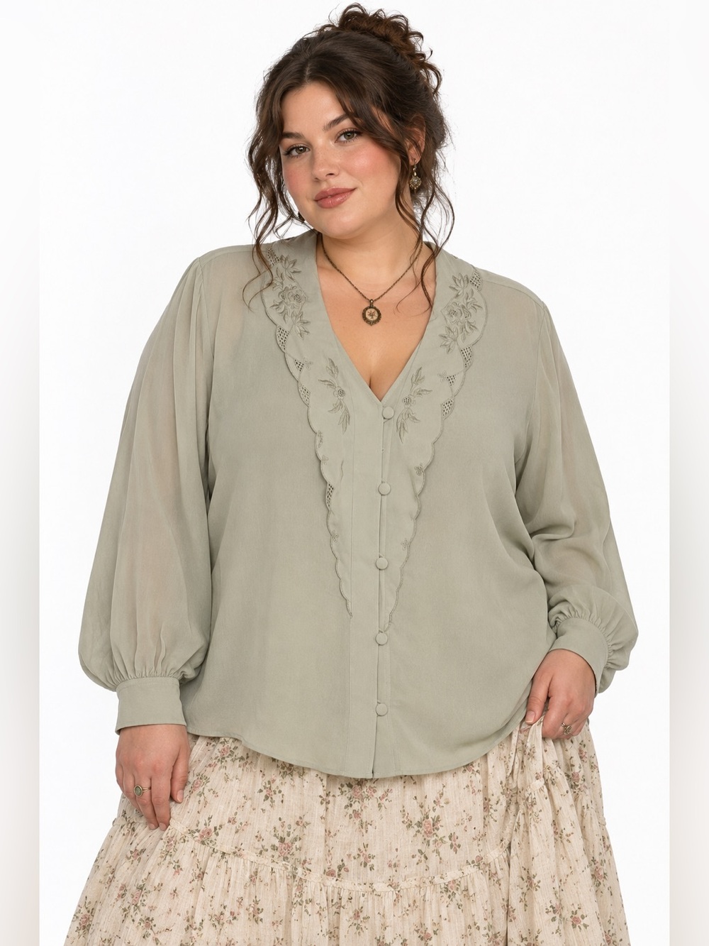 Vintage Cottagecore Sage Boxy Fit Blouee Feminine Embroidered Goblincore Prairie